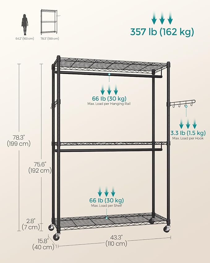 SONGMICS Heavy-Duty Rolling Clothes Rack, Garment Rack, Portable Closet - Image 6