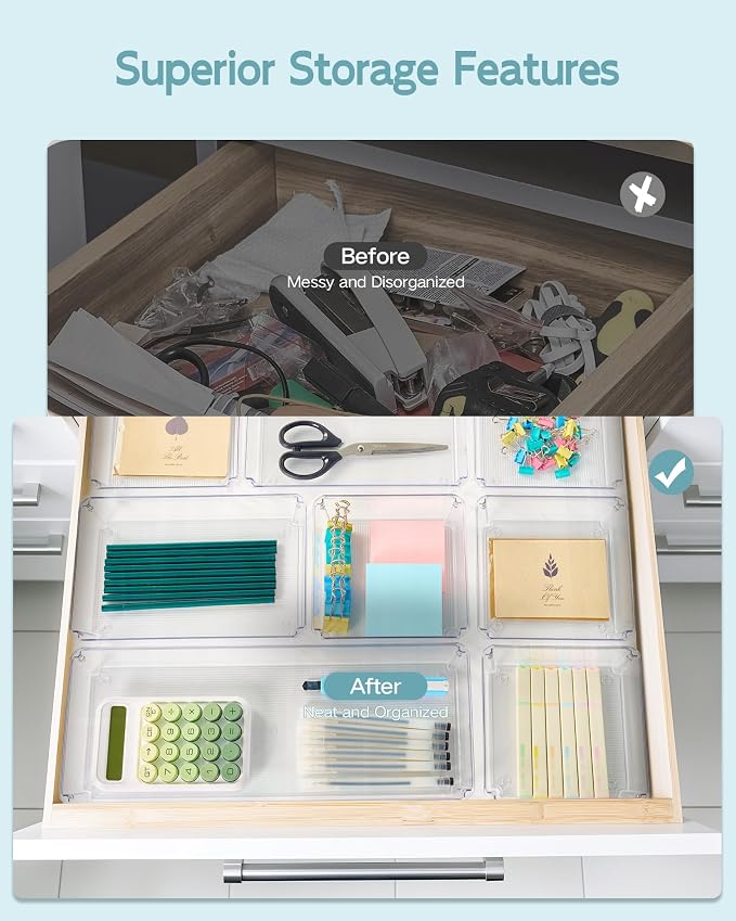 9 Pack Large Clear Plastic Drawer Organizer Trays, Desk Drawer Organizers and - Image 6