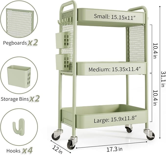 TOOLF 3 Tier Rolling Cart Storage Organizer, Metal Rolling Utility Cart - Image 6