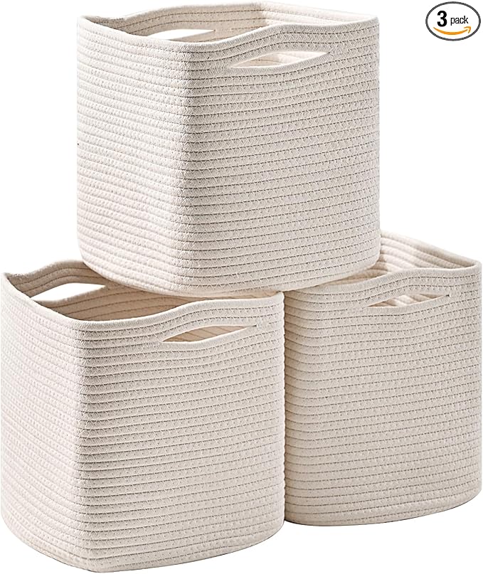 11 Inch Cube Storage Bins, Organizer Bins, Woven Cotton Rope Baskets by ICERZCZ