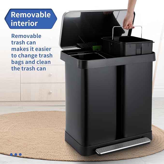 16 Gallon Dual Compartment Trash Can, Hands-Free Recycling Rectangular Garbage - Image 5