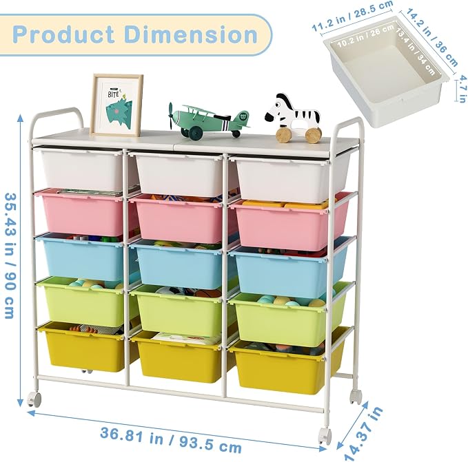 15 Drawers Rolling Cart With Wheels, Plastic Storage Drawer With Metal Frame - Image 3