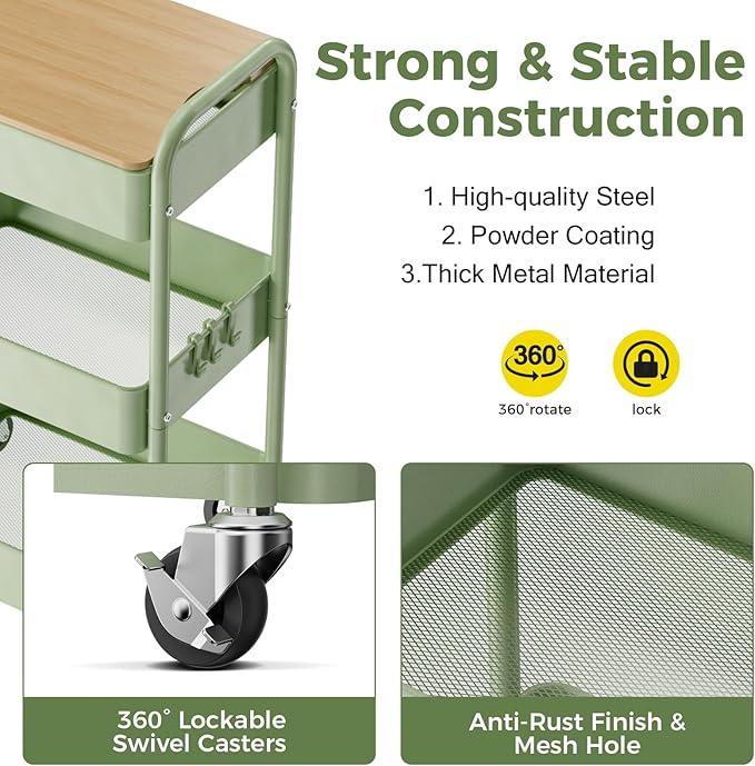 3 Tier Rolling Cart with Table top, Metal Rolling Utility Cart, Sturdy Storage - Image 2