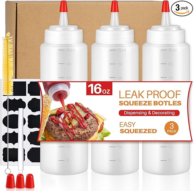 Squeeze Bottles, 16oz Leak-Proof Wide Mouth Condiment Squeeze Bottles by Sopito