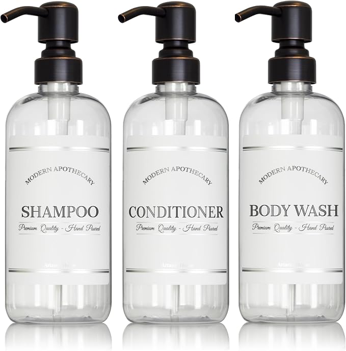 Clear Refillable Shampoo, Conditioner, and Body Wash Bottles by ArtanisHome