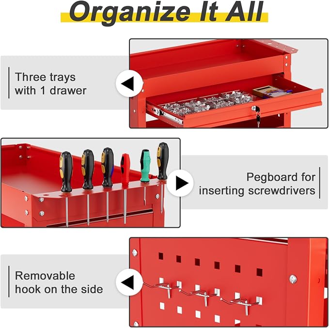3-Tier Rolling Tool Cart with Drawers, Heavy Duty Utility Storage Cart with - Image 5