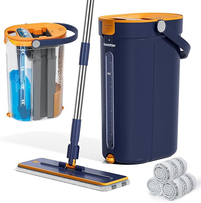 Mop and Bucket Set with Wringer, 3-Tank Flat Mop and Bucket System, Wall Mop by HoMettler