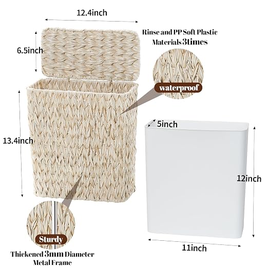 Wicker Trash Can with Lid and Liner, Boho Decotative Small Bathroom Trash Cans - Image 4