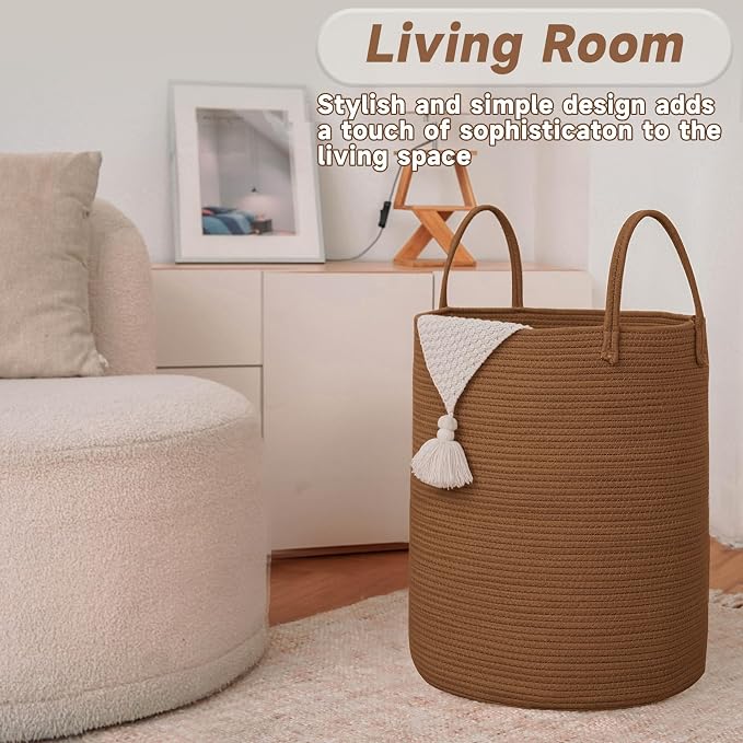 Large Woven Laundry Basket Hamper, 60L Cotton Rope Storage Bin - Image 3