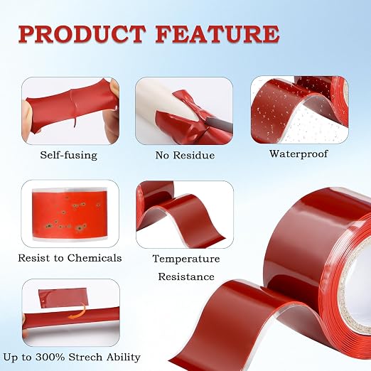Self Fusing Silicone Tape 2 Rolls 1 in x 5' Red Waterproof Rubber Leak Proof - Image 3