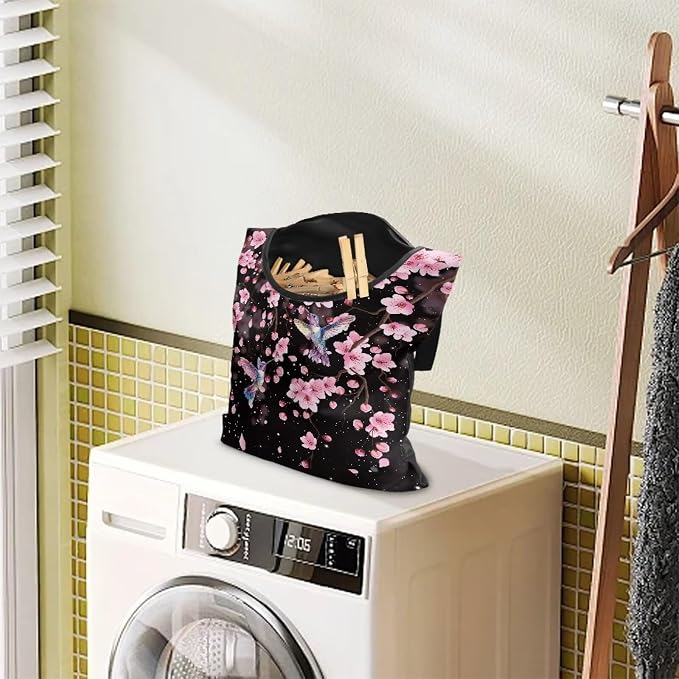 Waterproof Clothespin Bag with Hanger Hook Cherry Blossom Hummingbird - Image 3