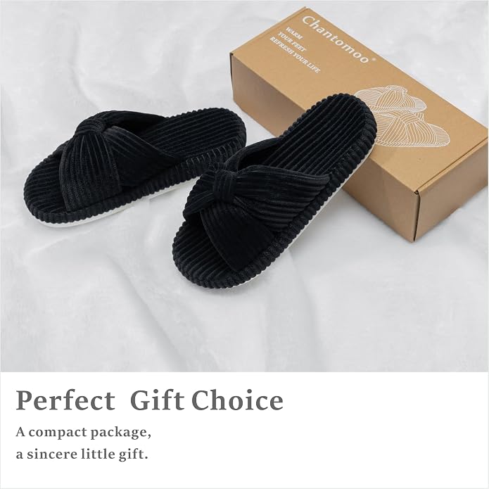 Chantomoo Slippers for Women Memory Foam House Bedroom Corduroy Bow Crossbands - Image 4