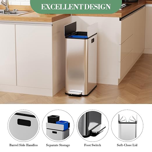 15-Gallon Dual Trash Can, Step-On Pedal Kitchen Trash Bin - Image 4