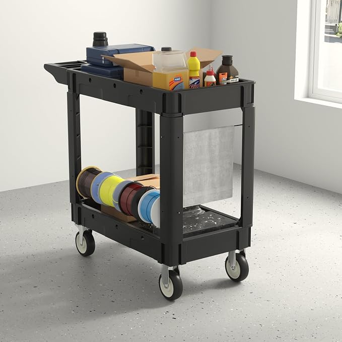 2 Shelf Heavy Duty Plastic Utility Cart, Service Cart Tub Storage W/Deep Shelve - Image 7