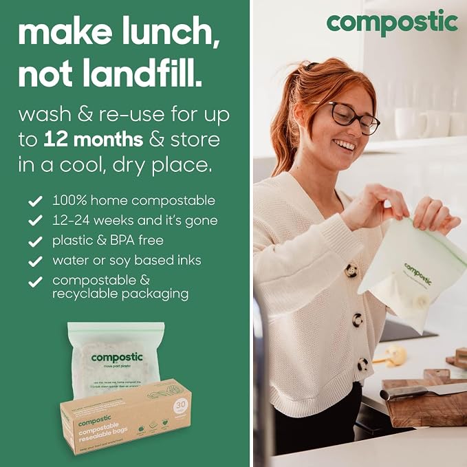 Compostic Home Compostable Resealable Snack Bags, Microwave & Freezer Safe - Image 5
