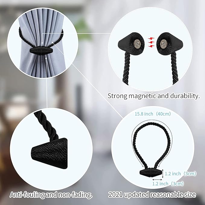 Hion Magnetic Curtain Tiebacks Black 2pcs, Curtain Tiebacks Buckles Holdbacks - Image 3