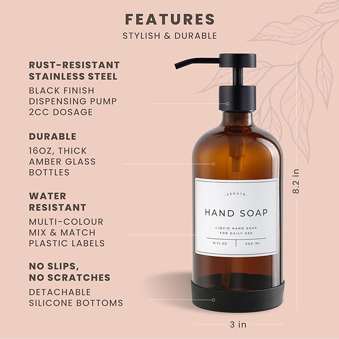 16oz Glass Soap Dispenser with Stainless Steel Pump, 21 Waterproof Labels - Image 6