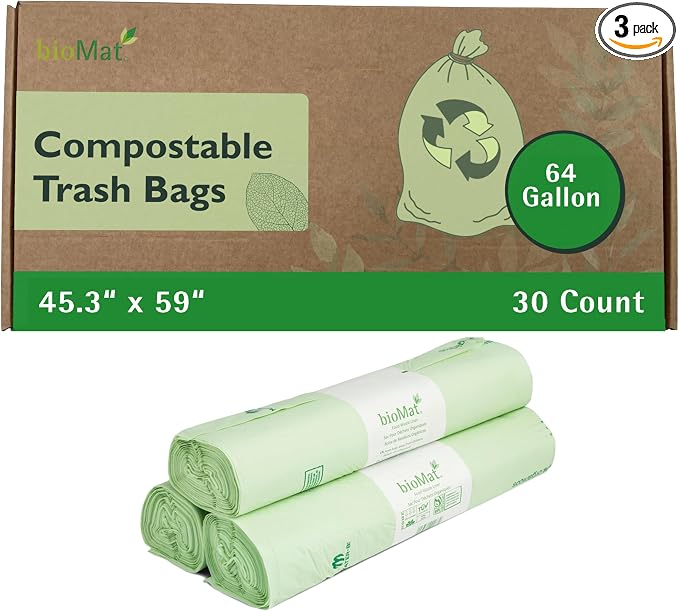 bioMat 64 Gallon Compostable Trash Bags Liners, BPI ASTM D6400 and CMA Certified by VisitbioMat