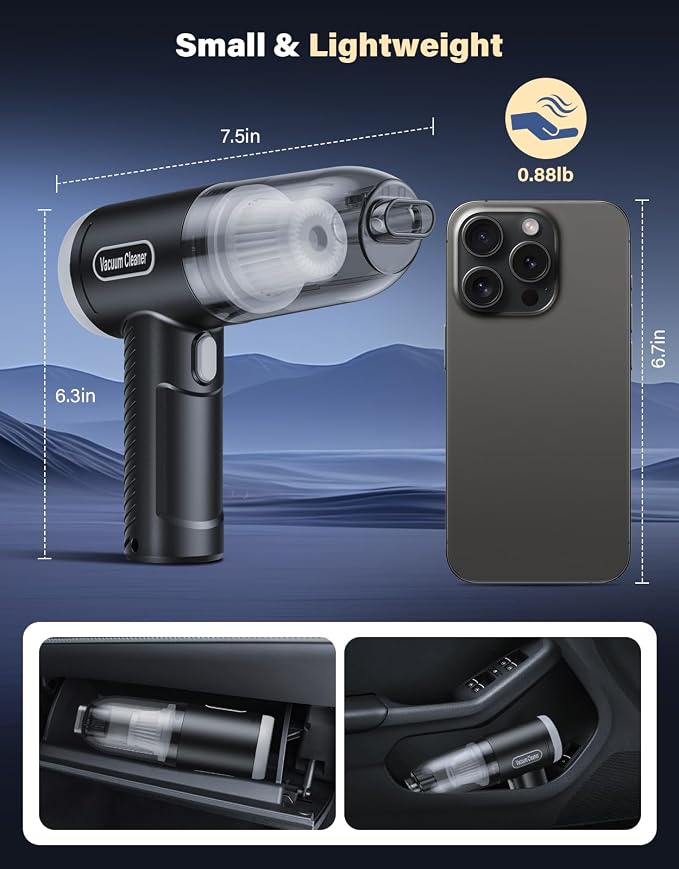 Car Vacuum Portable Cordless, 9000Pa Handheld Vacuum Mini Vacuum Cleaner High - Image 8