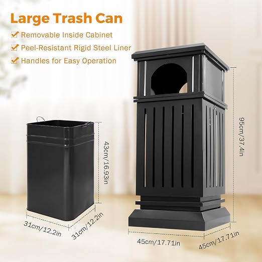 BEAMNOVA Black Trash Can Outdoor Top Tray Stainless Steel Commercial Garbage - Image 3