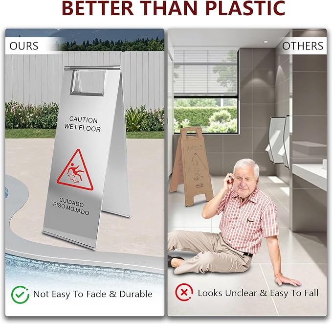 4 Pcs Stainless Steel Wet Floor Caution Sign, 24 Inch Portable Handle Bilingual - Image 4