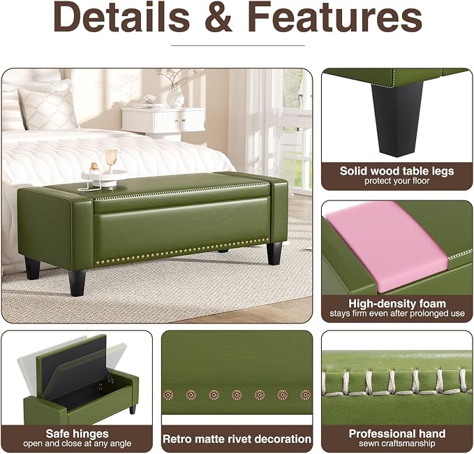 48.8" Storage Ottoman Bench Green | Faux Leather Bedroom Bench - Image 5