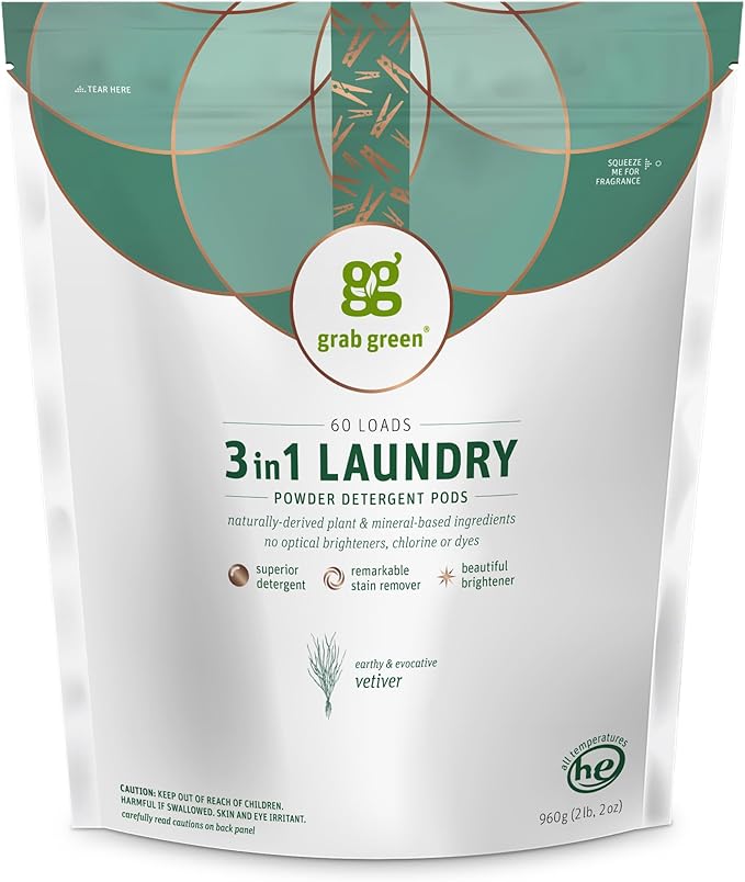 Grab Green 3-in-1 Laundry Detergent Pods, Vetiver Scent, Plant and Mineral Based by GrabGreen