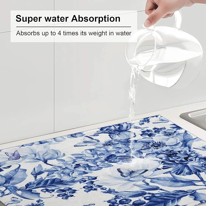 Chinoiserie Blue And White Floral Butterfly Dish Drying Mats - Image 6