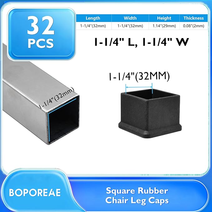 32 Pcs 1-1/4" x 1-1/4" Square Rubber Chair Leg Caps, PVC Table Leg Covers - Image 2
