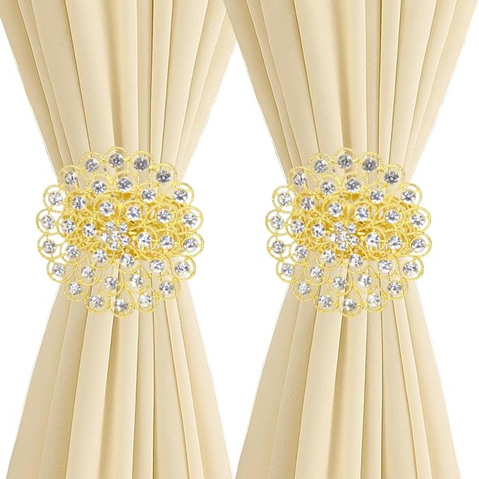 2 Pack Crystal Flower Curtain Tiebacks – Decorative Spring Wire Buckle Clips by Aimery