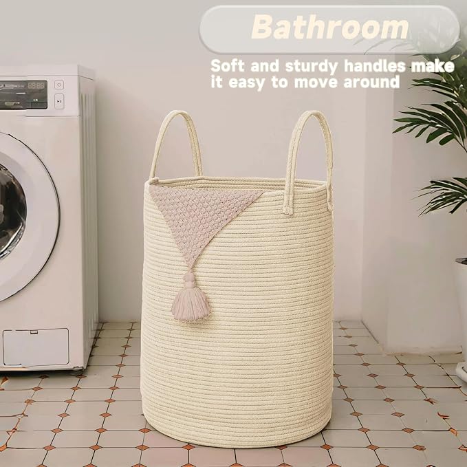Large Woven Laundry Basket Hamper, 80L Cotton Rope Storage Bin - Image 5