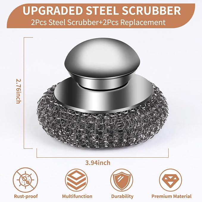 4pcs Steel Wool Scrubber with Replacement Wire Sponge Pads Set, Stainless Steel - Image 4