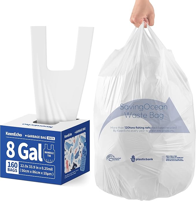 Small Trash Bags with Handles 8 Gallon 160 Count White by KeenEcho