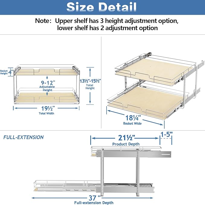 ROOMTEC 2 Tier Individual Pull Out Cabinet Organizer 19½"W x 21½"D, Slide Out - Image 3