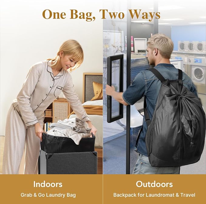 60L 2-in-1 Laundry Hamper with Laundry Backpack, Waterproof Basket with Lid - Image 3