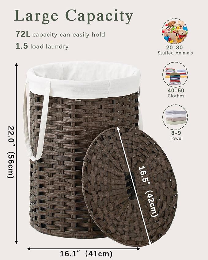 Laundry Hamper with Lid, 19.0 Gal Round Wicker Laundry Basket, Handwoven Rattan - Image 4