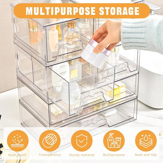 4 Pack Stackable Storage Drawers Clear Acrylic Organizer Bathroom Makeup - Image 3