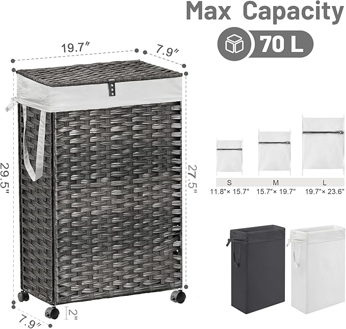70L Slim Laundry Hamper with Lid & Wheels, 2-Park Rolling Laundry Basket with 4 - Image 4