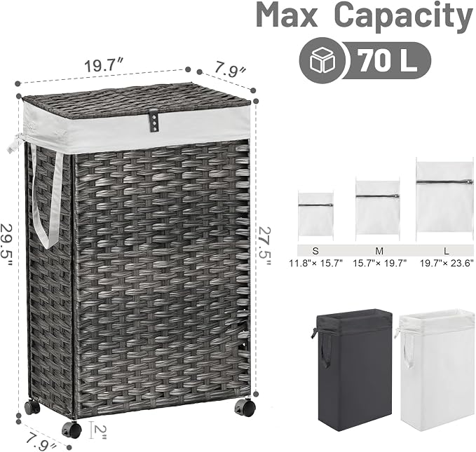 70L Slim Laundry Hamper with Lid & Wheels, Rolling Laundry Basket with 2 - Image 4