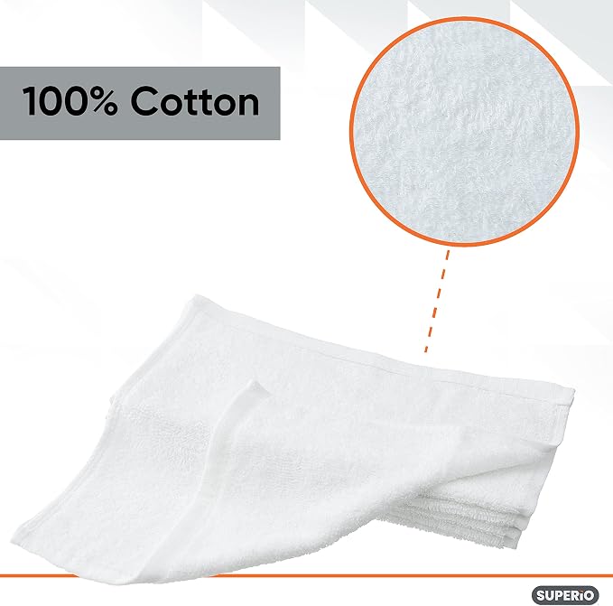 Superio Terry Cloth Rags White Washcloths 100% Cotton 12" Cleaning Cloths - Image 3