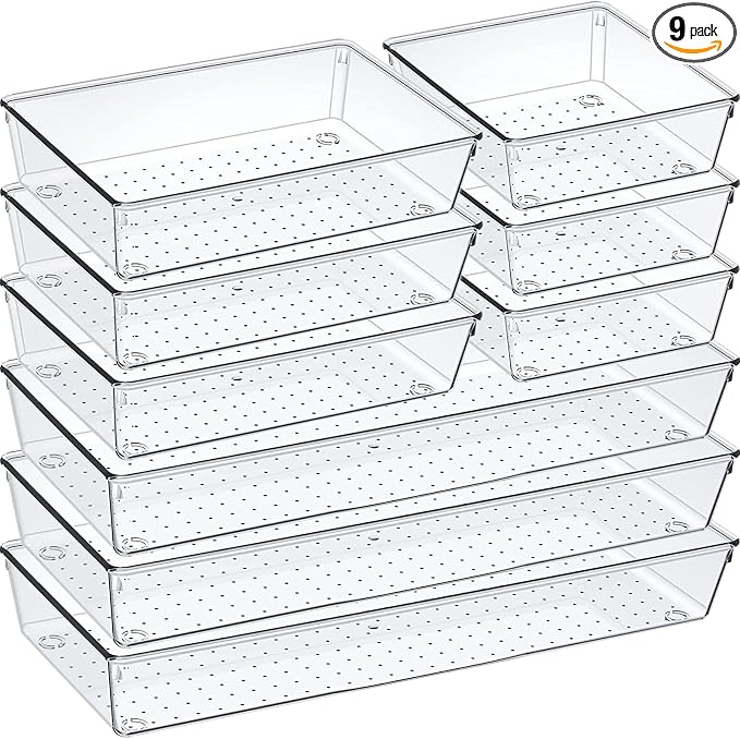 9 Pack Clear Plastic Drawer Organizer Set, Acrylic Non Slip Non Cracking by Criusia
