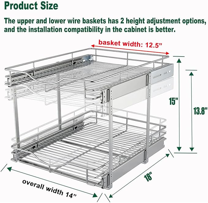 DINDON 2 Tier Pull Out Cabinet Organizer, Double Tier Wire Basket Slide Out - Image 2