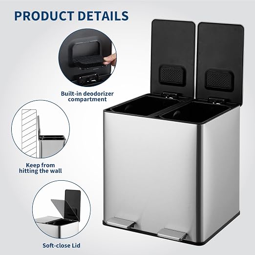 GarveeHome Dual Trash Can, 2x4 Gallon Stainless Steel Step Trash Can, - Image 6