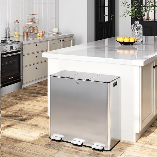 90L/3 x 7.9 Gal Trash Can, Three-Compartment Pedal Stainless Steel Kitchen by LALFPET-Loveallforpets
