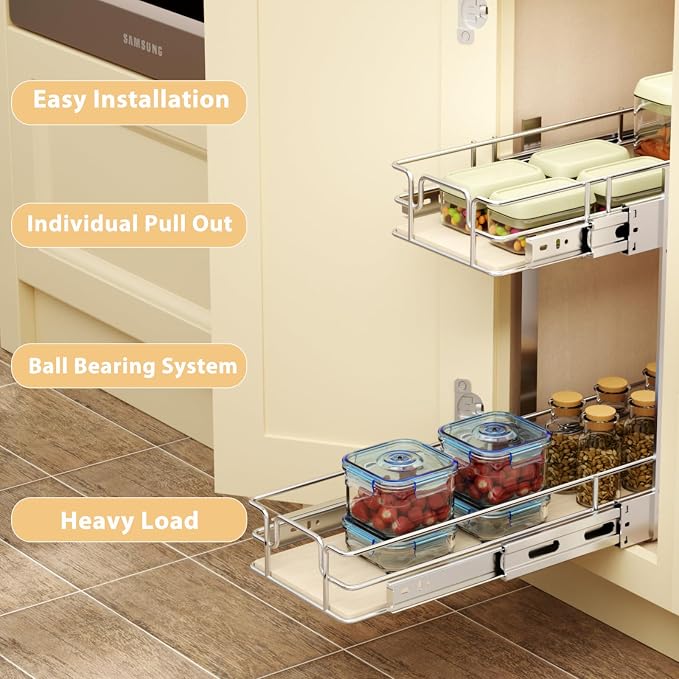 ROOMTEC 2 Tier Individual Pull Out Cabinet Organizer 7½"W x 21½"D, Slide Out - Image 5