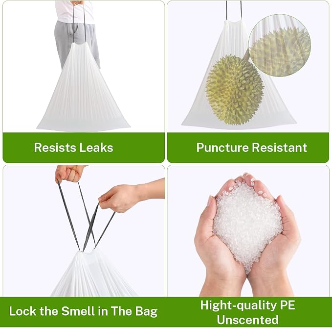 10 Gallon Trash Bags Drawstring, 1 Mil Thick White Garbage Bag - Image 6
