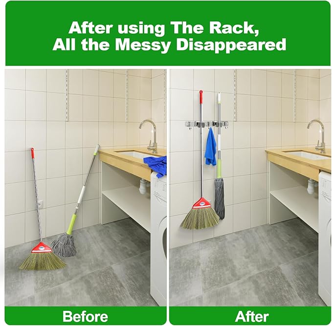 voze 2 Racks and 3 Hooks Mop and Broom Holder Wall Mount, Self Adhesive Heavy - Image 3
