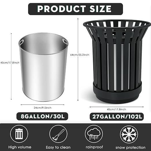 8Gallon Round Large Outdoor Trash Can, Heavy Duty Metal Slatted Garbage Can - Image 3