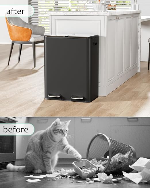 16 Gal Dual Trash Can, Stainless Steel Kitchen Garbage Bin, Recycle Dustbin - Image 8
