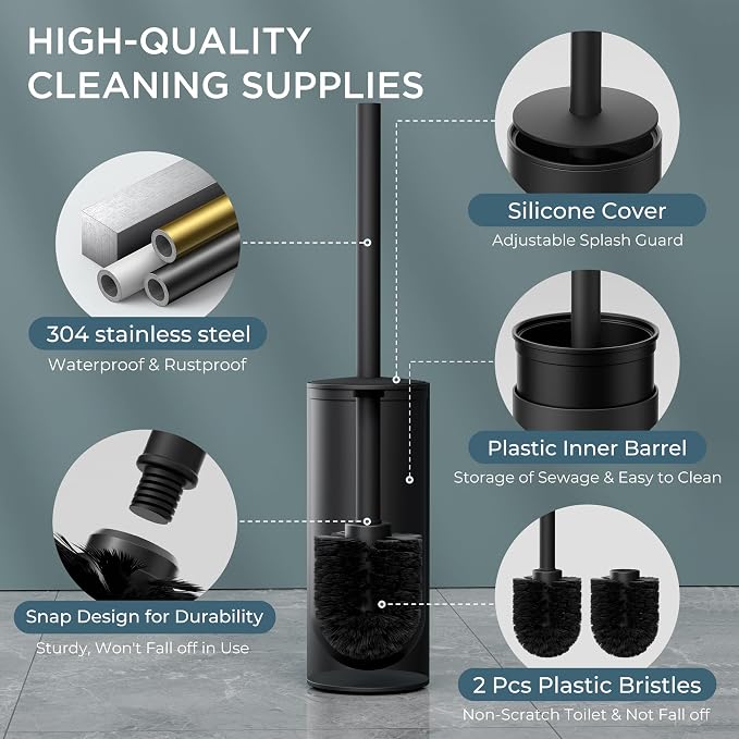 FORIOUS Toilet Brush and Holder Set Black, Heavy Duty 304 Stainless Steel Base - Image 2